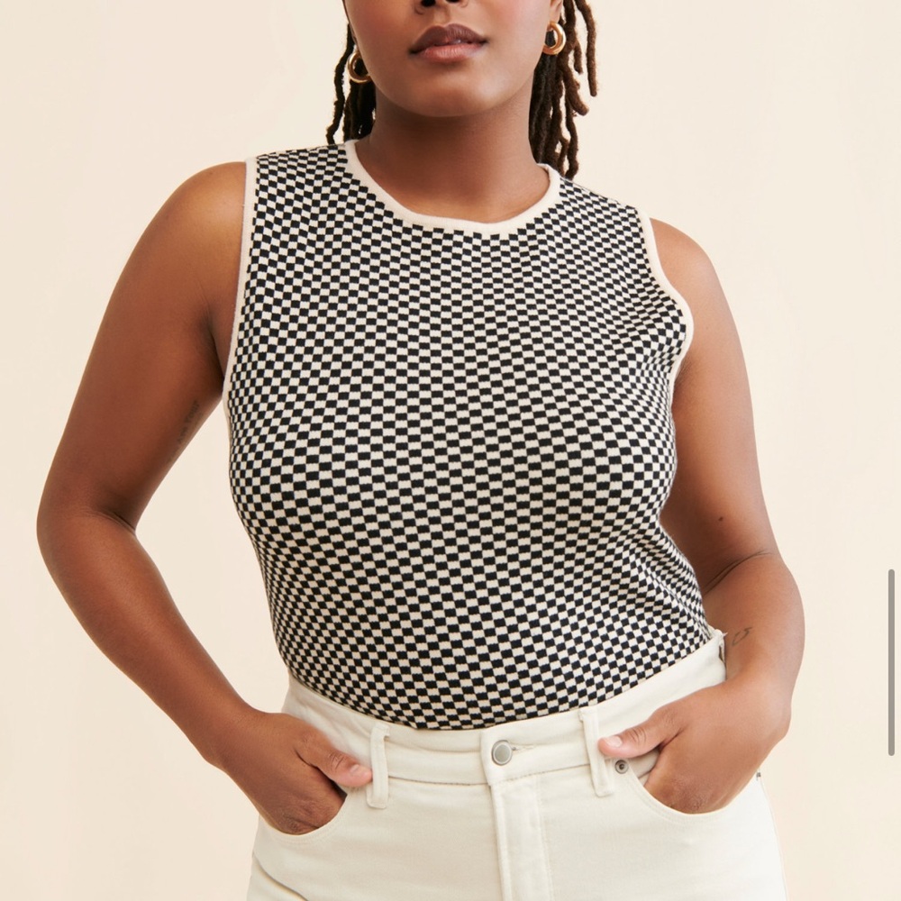 Sleeveless Checkerboard Knit Bodysuit in Black & White